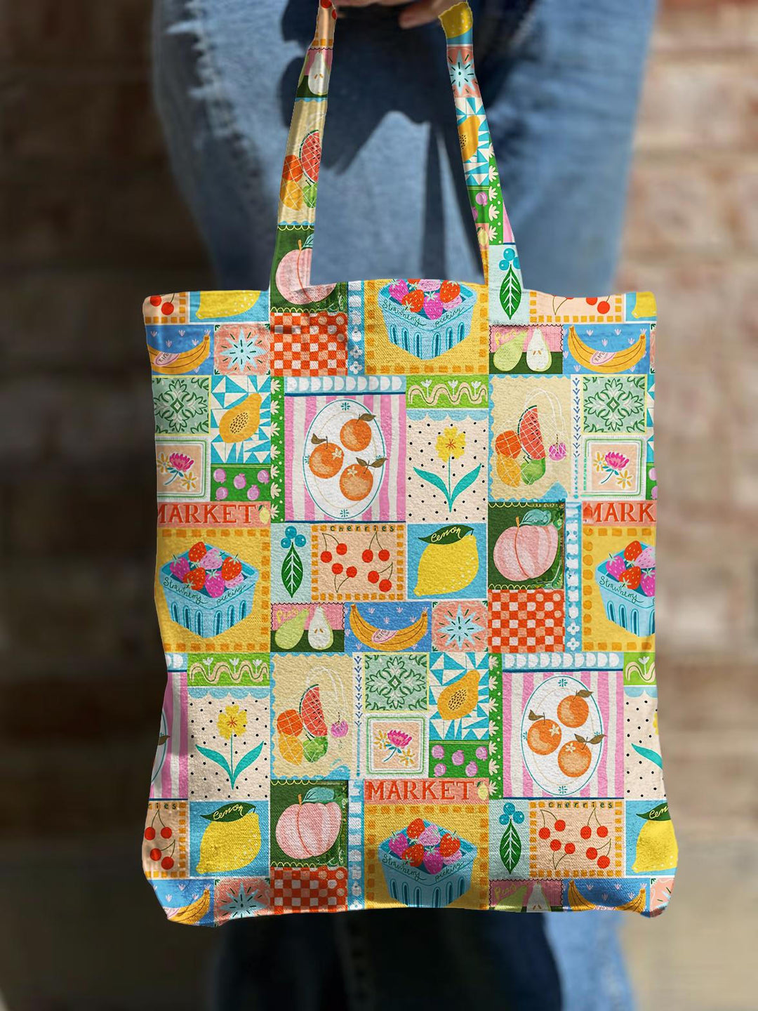 Vintage Fruit Puzzle Print Shoulder Zipper Canvas Bag