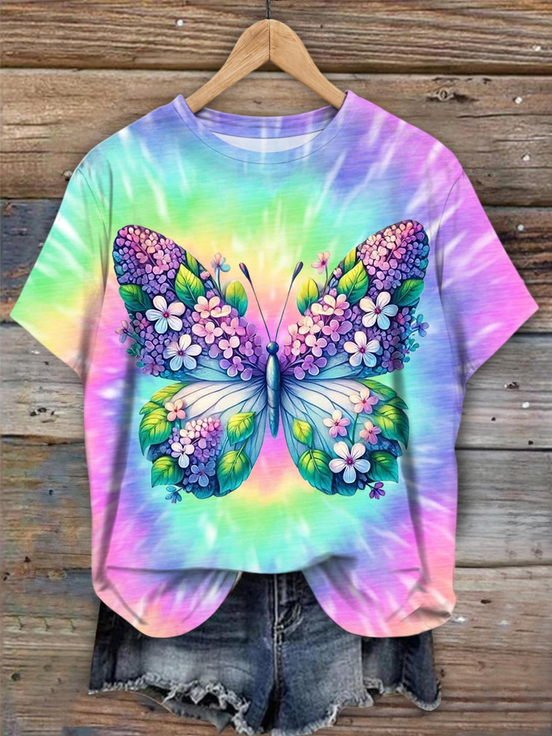 Colorful Butterfly And Flower Tie Dye Crew Neck T-shirt