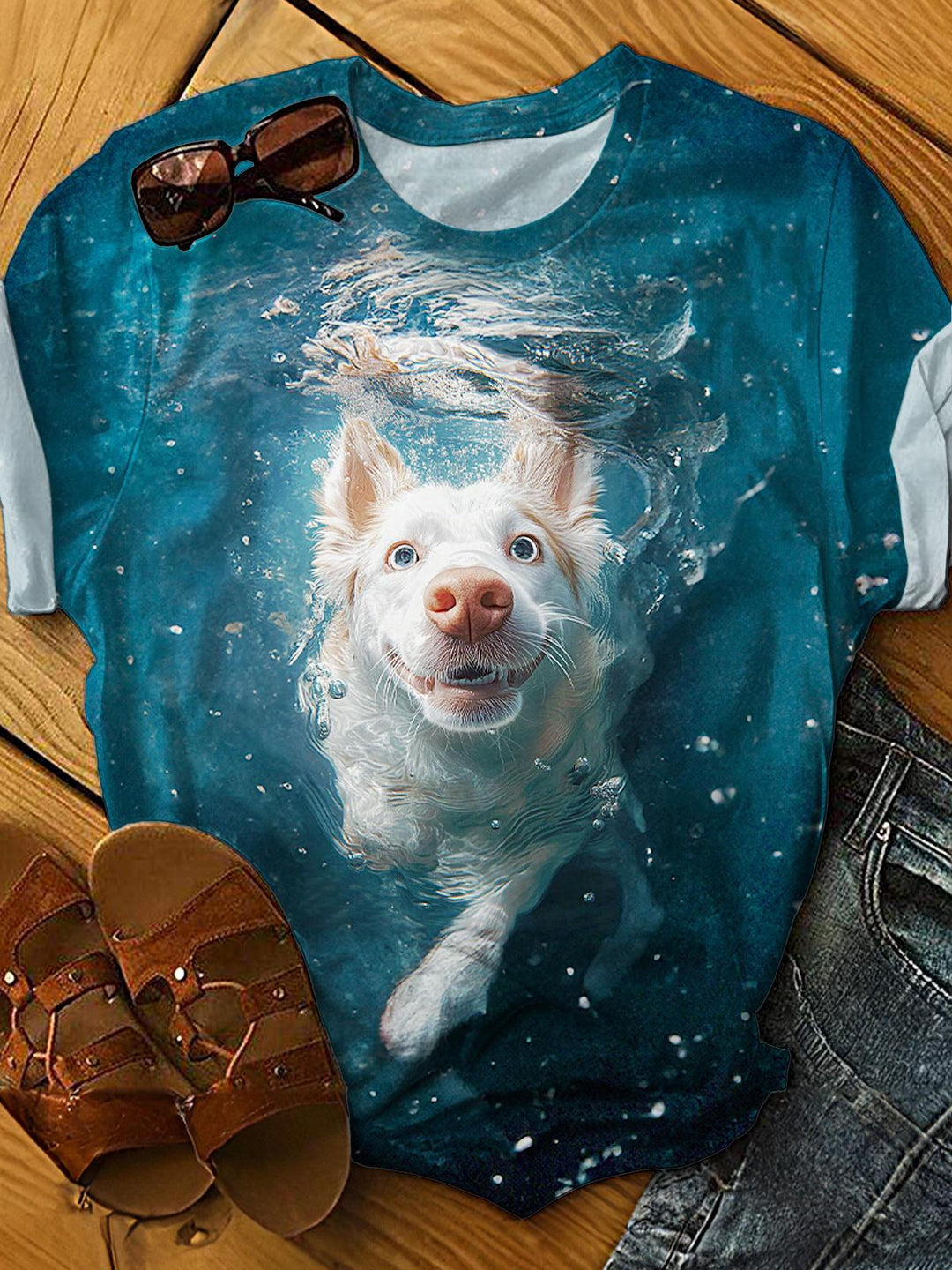 Diving Puppy Printed Crew Neck T-shirt