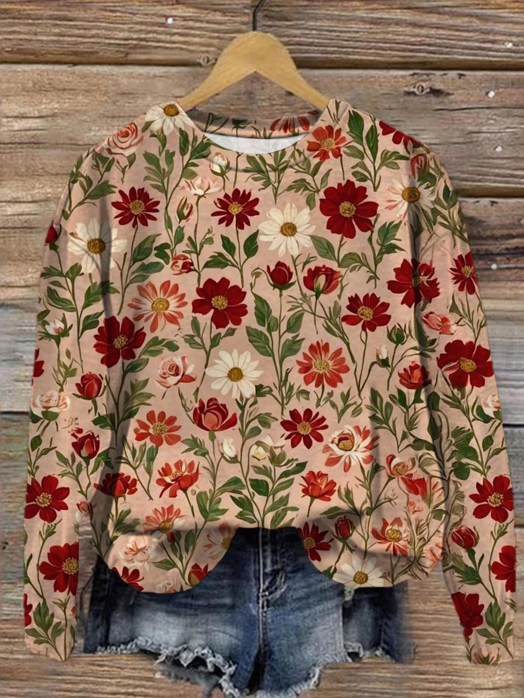 Women's Retro Flowers Printed Long Sleeve Casual Top