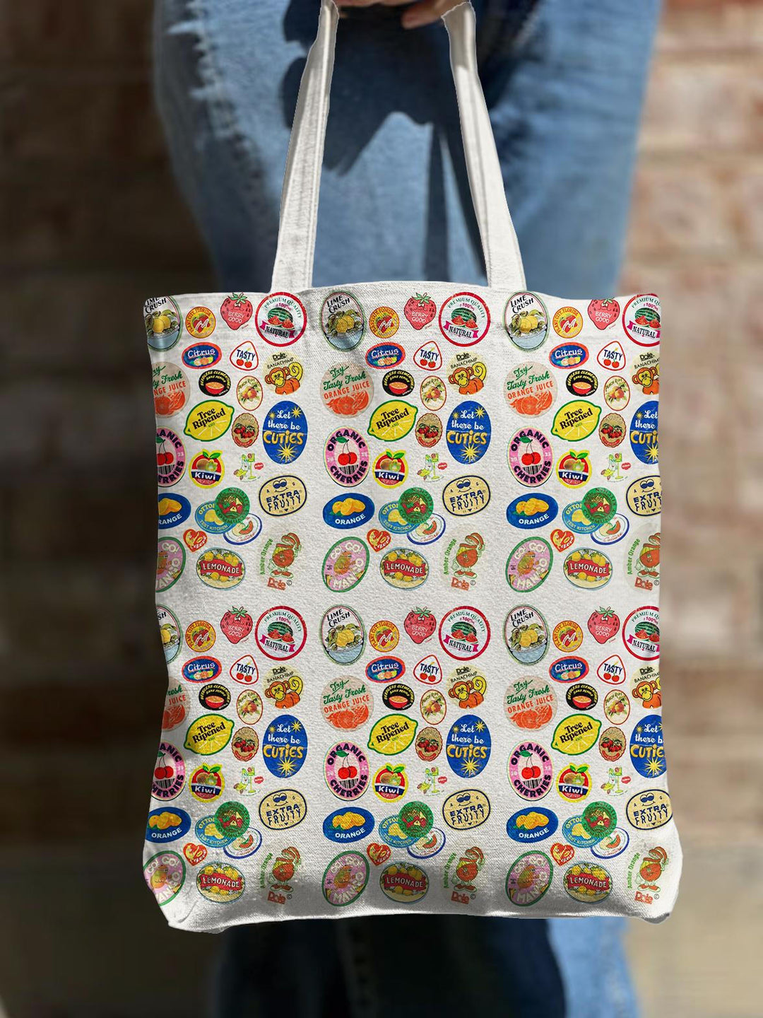 Retro Fruit Sticker Print Shoulder Zipper Canvas Bag