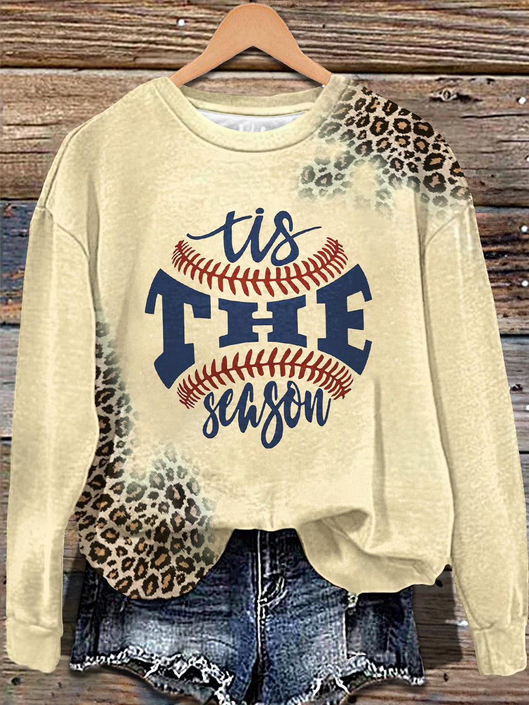 Vintage Baseball Leopard Printed Long Sleeve Casual Top