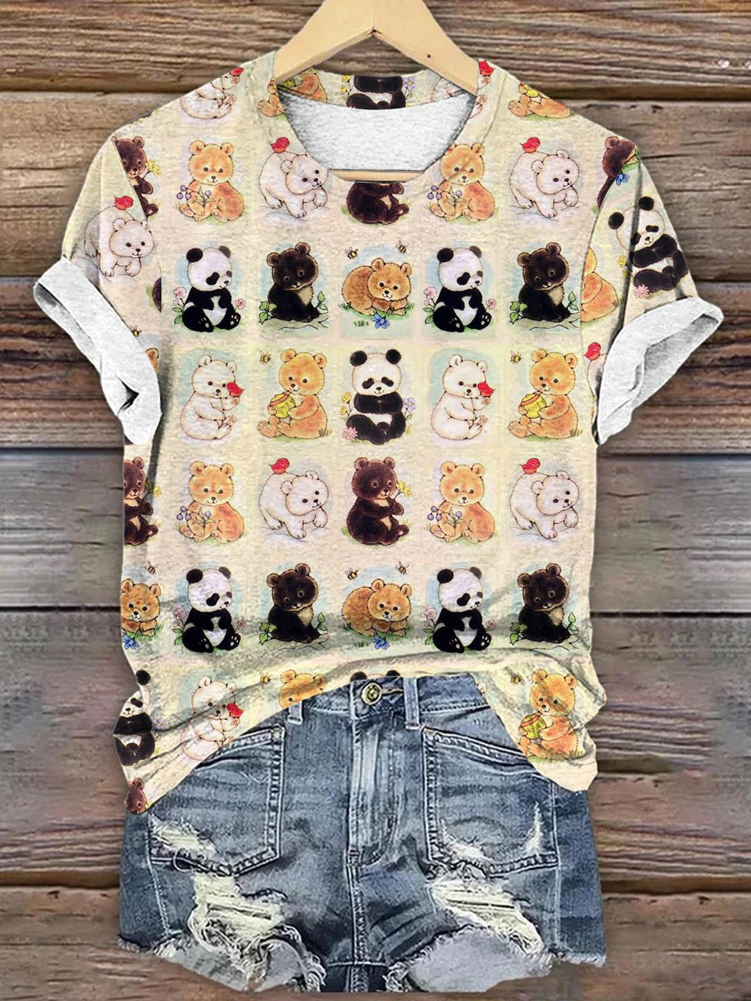 Women's Cute Bear Retro Fun Print Casual T-shirt