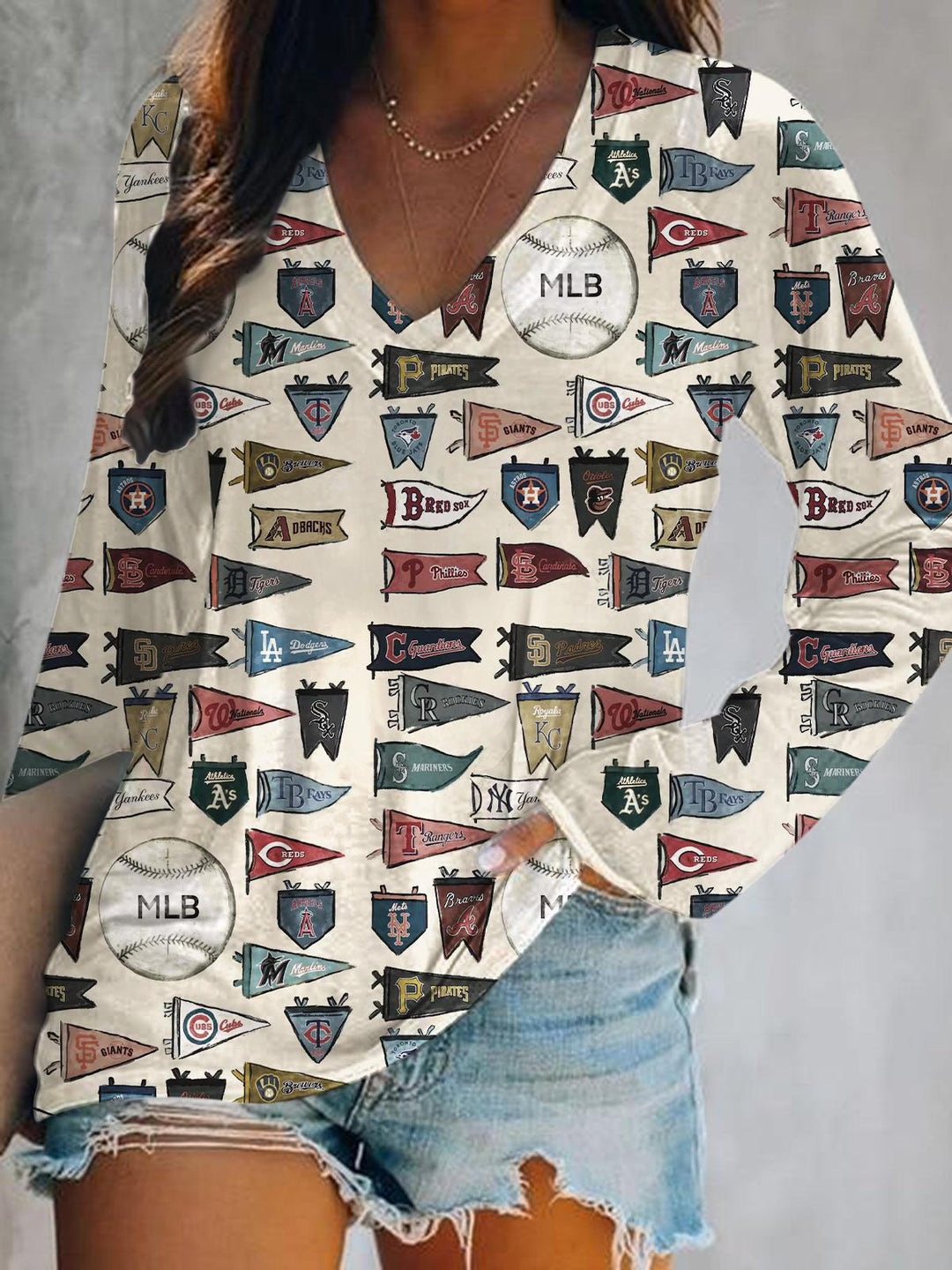 Baseball Illustration Print V-Neck Long Sleeve Top