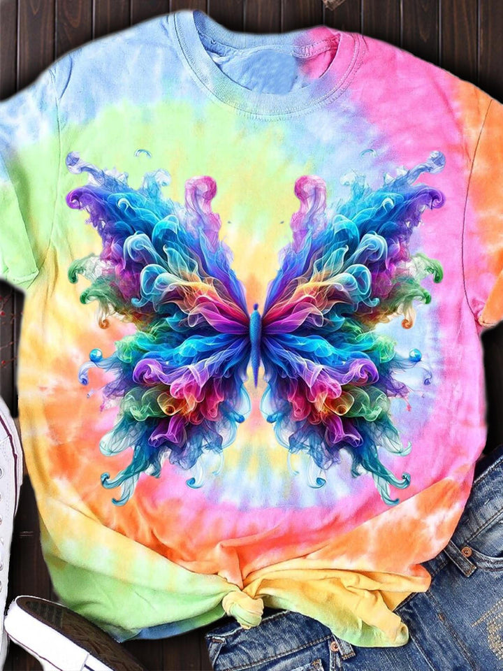 Tie Dye Butterfly Print Short Sleeve Top