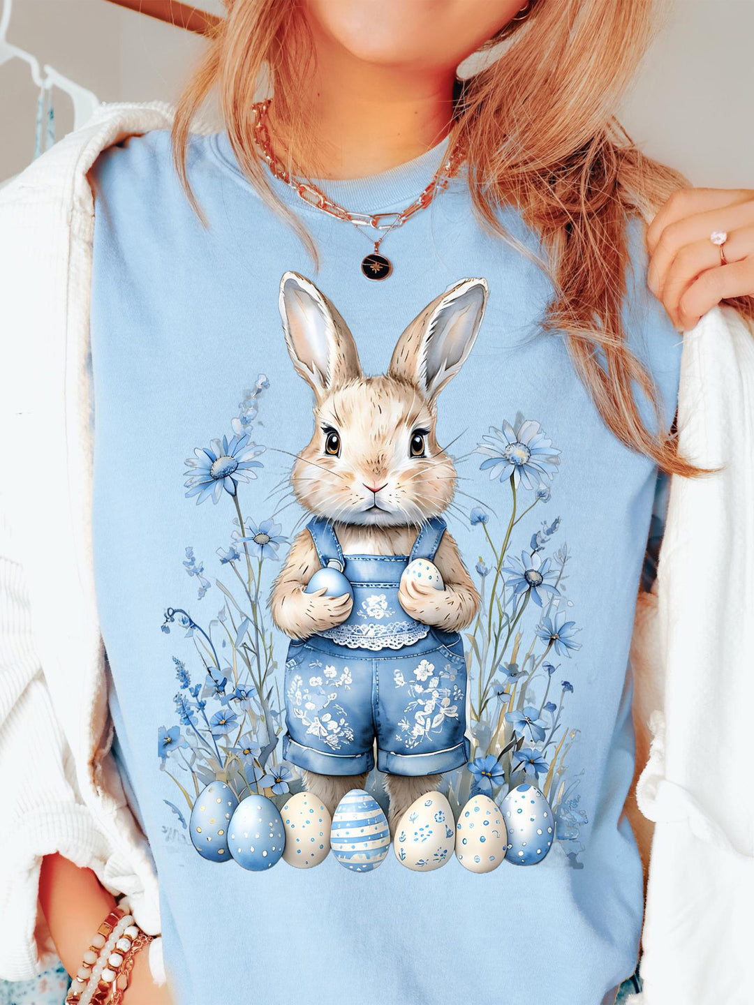 Retro Easter Bunny Boho Toile Lace Rabbit Crew Neck T-shirt