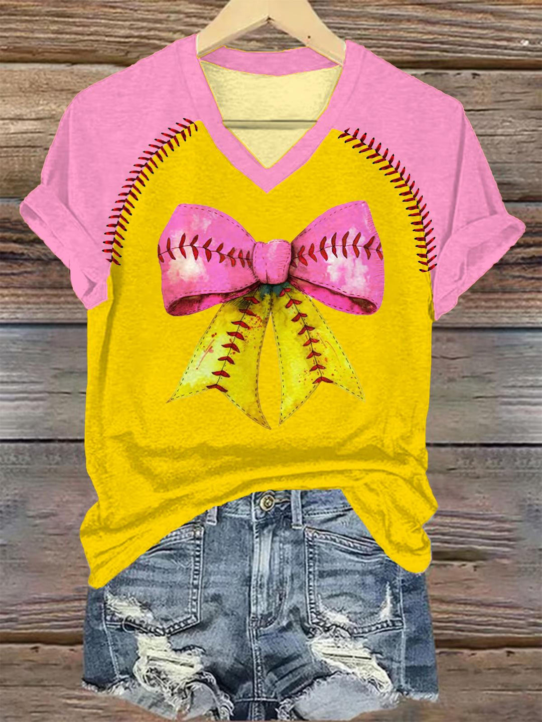 Softball Colorblock Butterfly Print V-neck T-Shirt