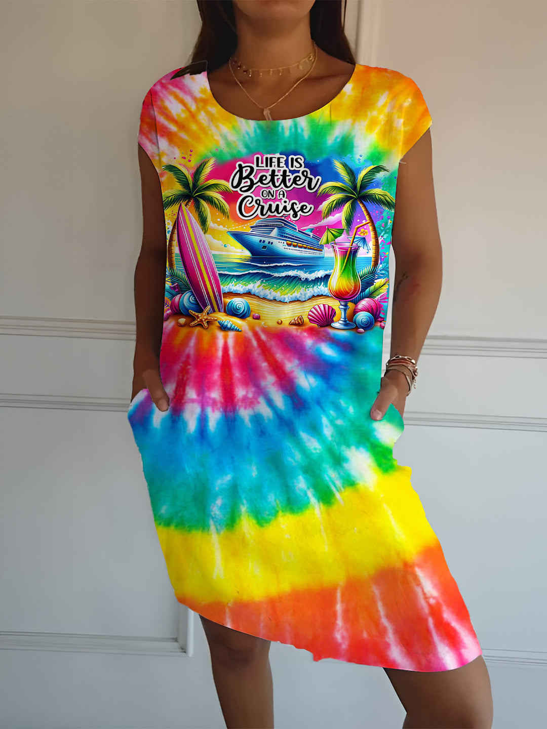 Life Is Better on A Cruise Tie Dye V-neck Short Sleeve Dress