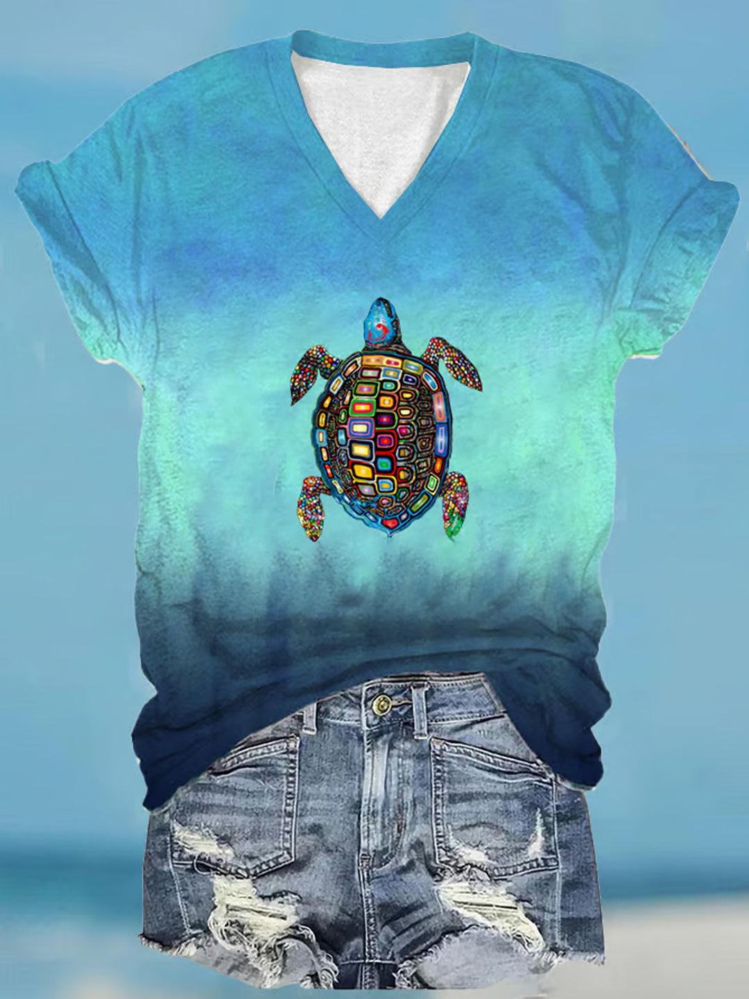 Colorful Artistic Turtle V-neck T-Shirt