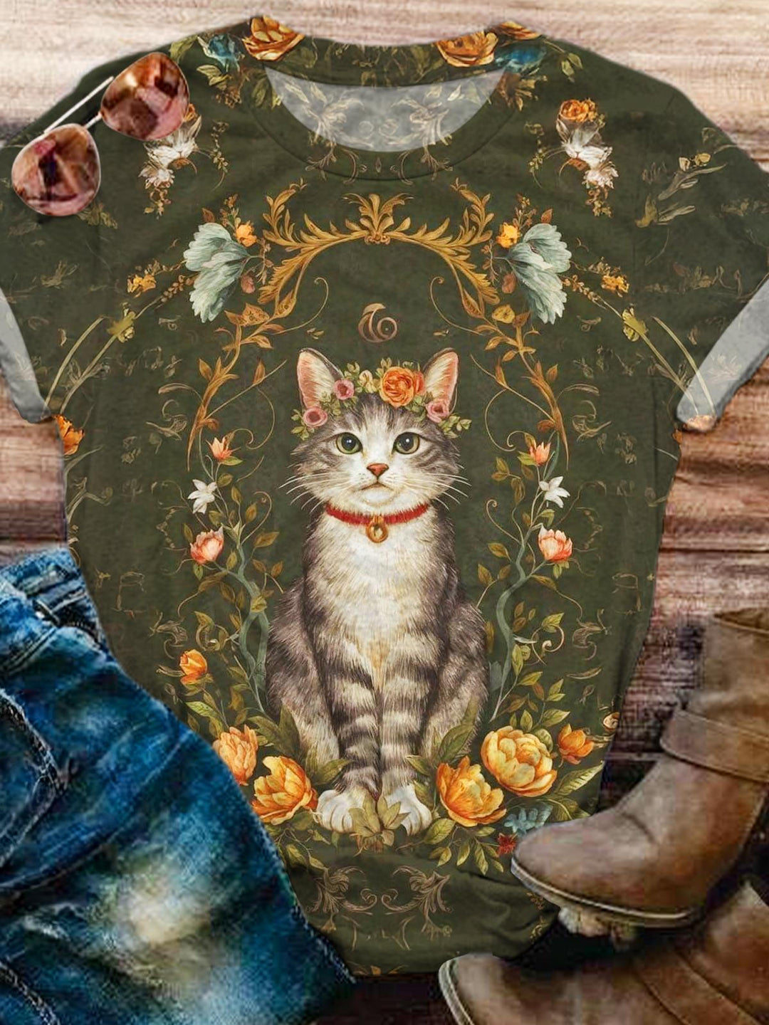 Retro Cat Flowers Crew Neck T-shirt