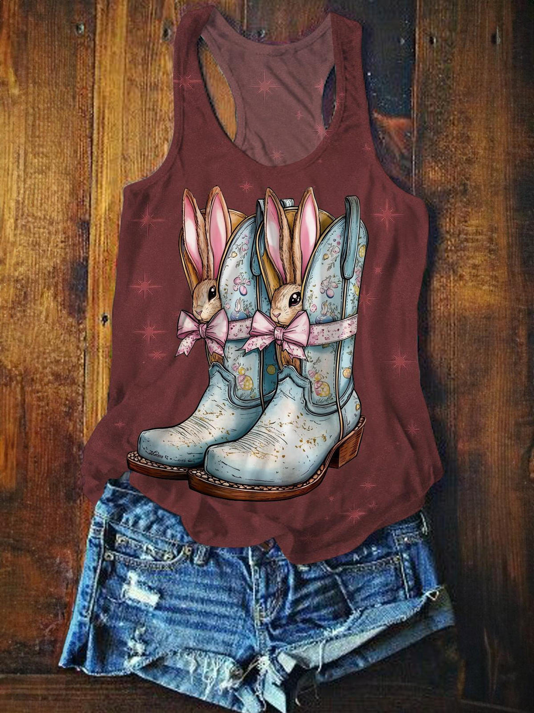 Cowgirl Easter Coquette Bow Printed Casual Tank Top