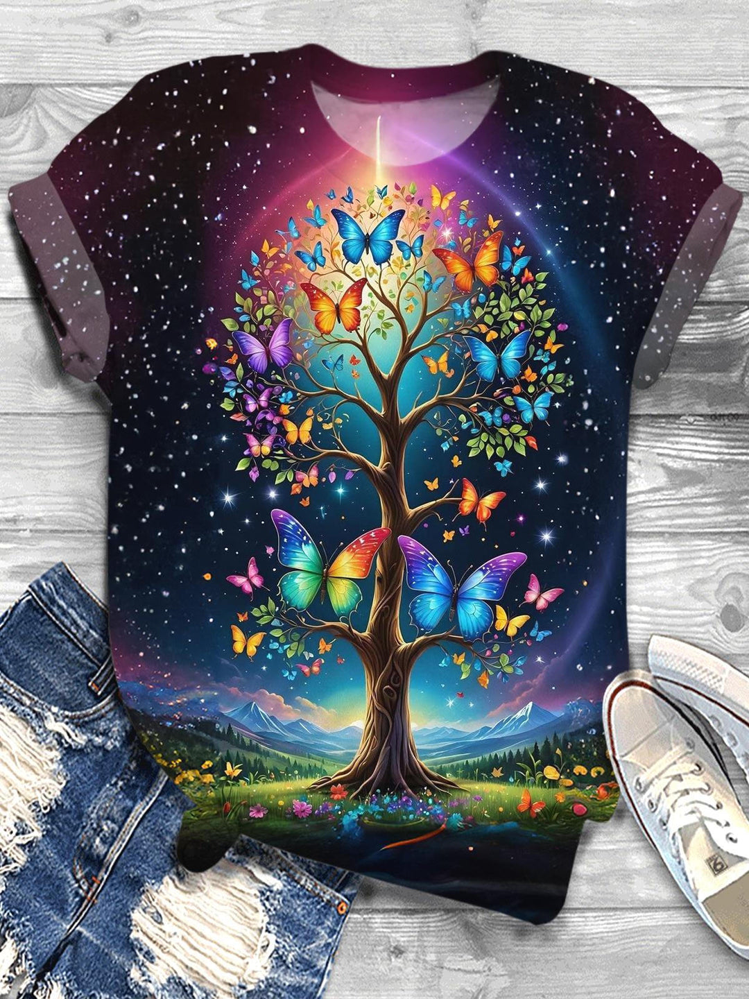 Tree Butterfly Crew Neck T-shirt