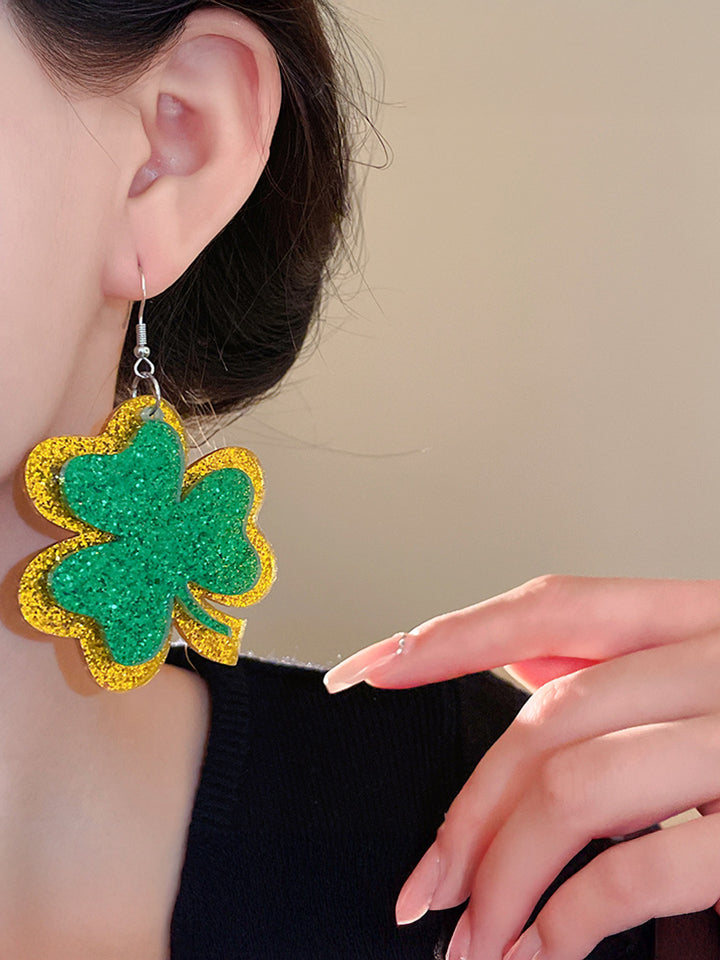 St. Patrick's Day Acrylic Earrings Green Four Leaf Clover