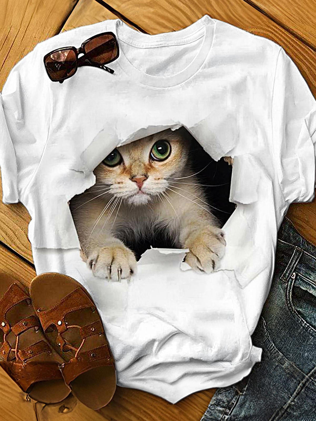 3D Cute Kitten Crew Neck T-shirt