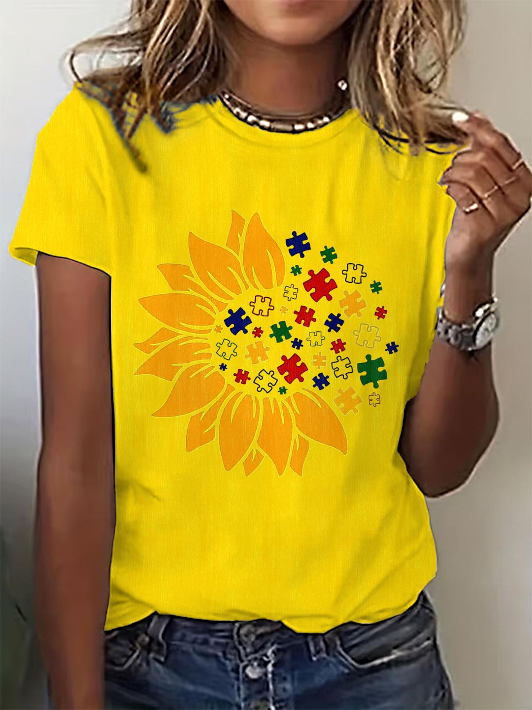 Sunflower Autism Puzzle Crew Neck T-shirt