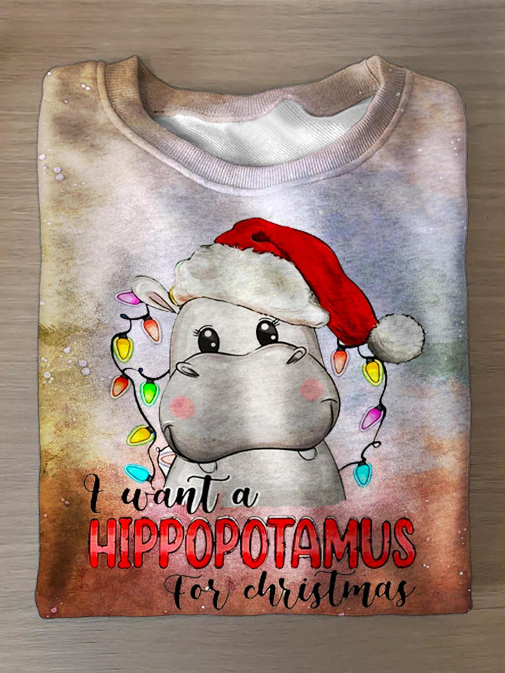 Women's Hippo Christmas Printed Long Sleeve Casual Top