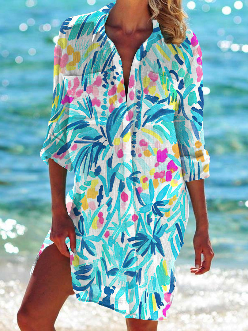 Colorful Floral Print Long Sleeve Beach Shirt Dress – Wonder closets