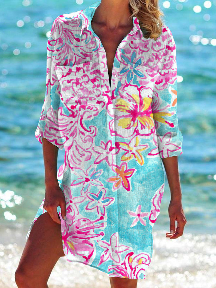 Floral Colorful Print Beach Shirt Dress – Wonder closets