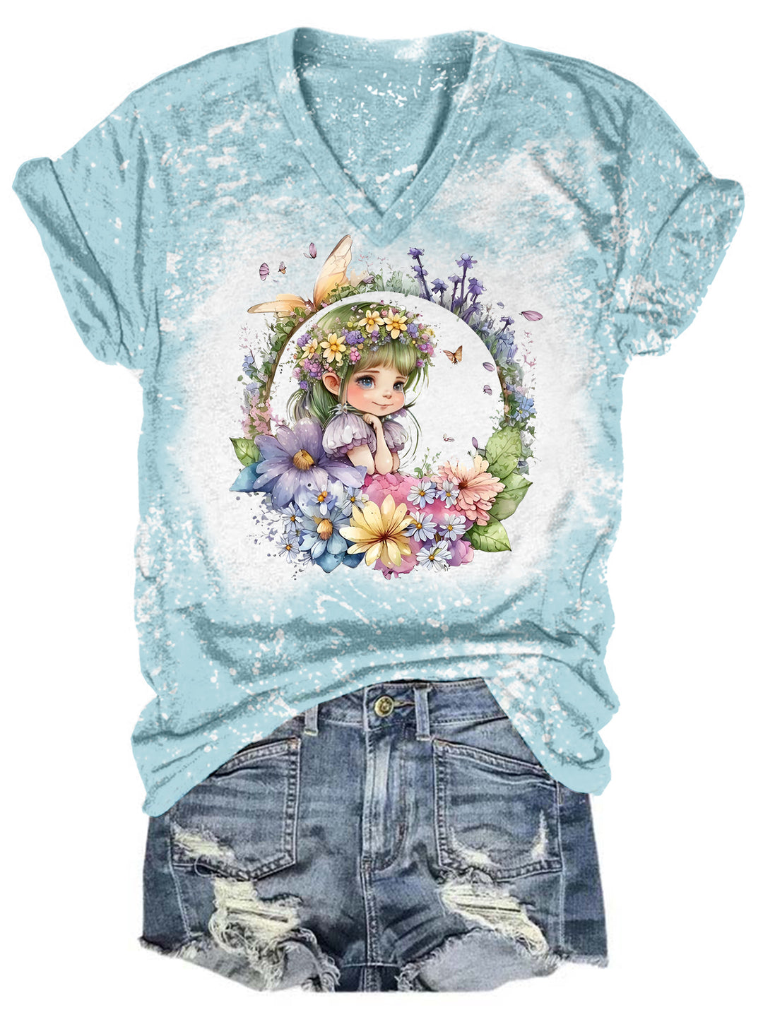 Floral Fairy Tie Dye V Neck T-shirt