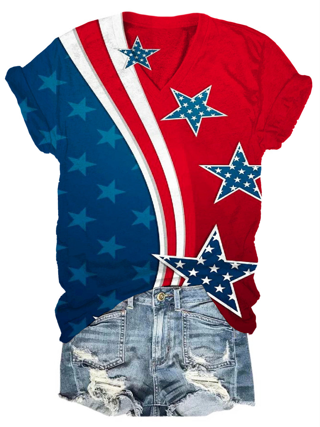 American Flag Stars Print V Neck T-shirt
