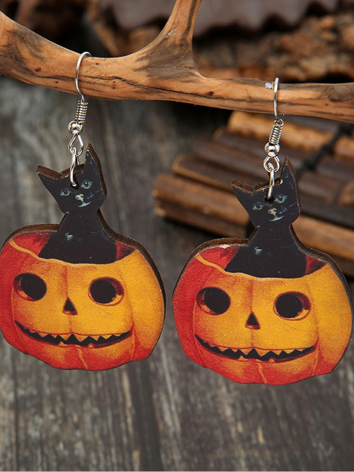 Fashion Cat Pumpkin Wooden Earrings