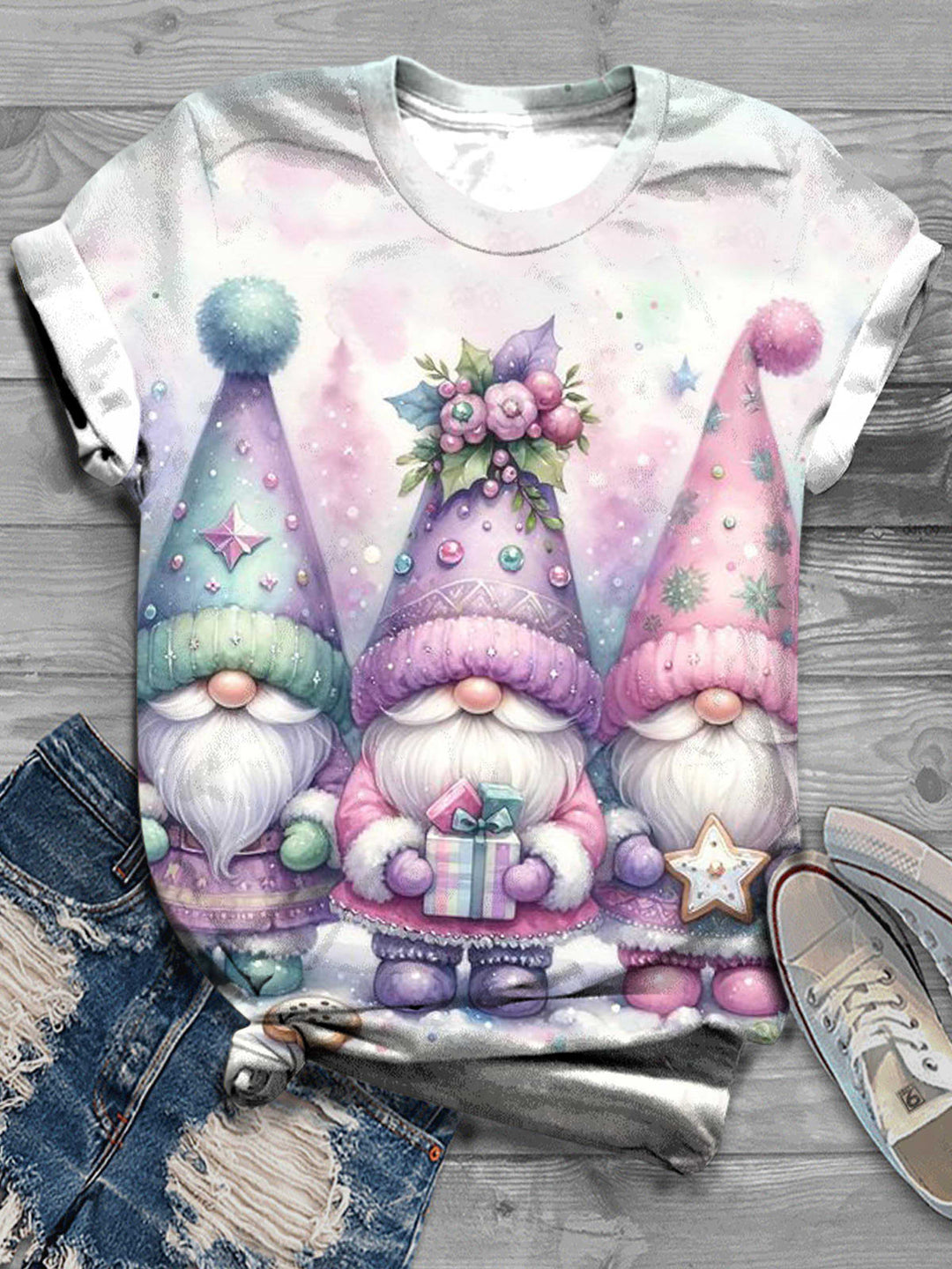 Winter Gnomes Print Casual Round Neck T-Shirt