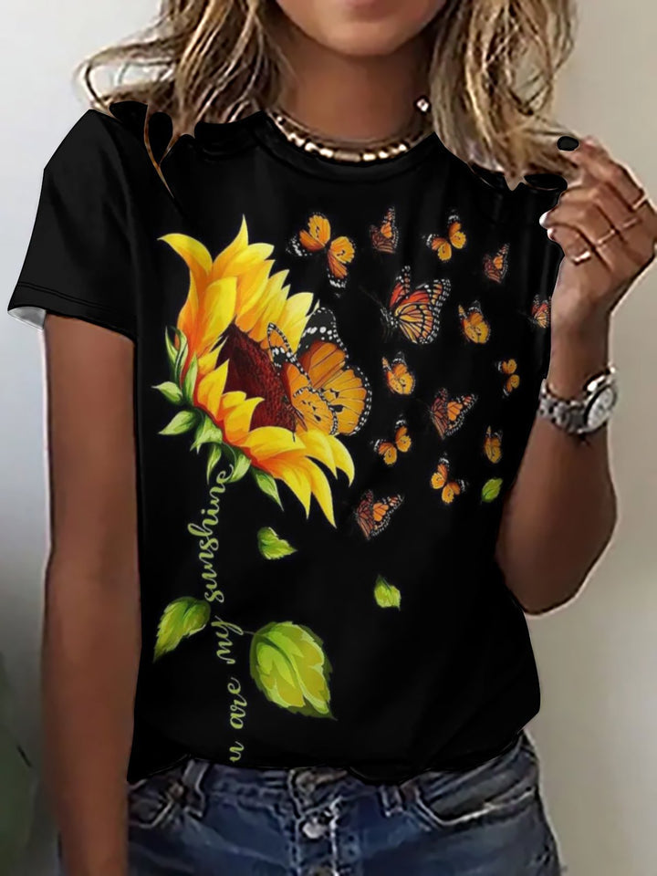 Sunflower Butterfly Print Short Sleeve T-shirt – Wonder closets