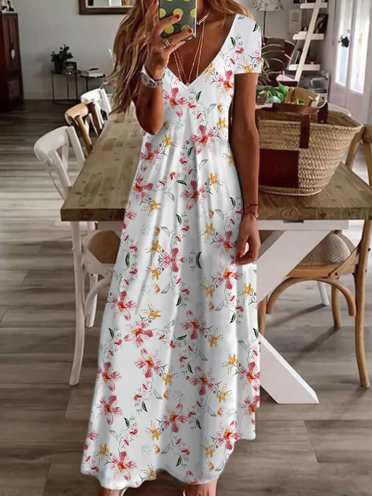 Flower Short Sleeve V Neck Maxi Dress – Wonder closets