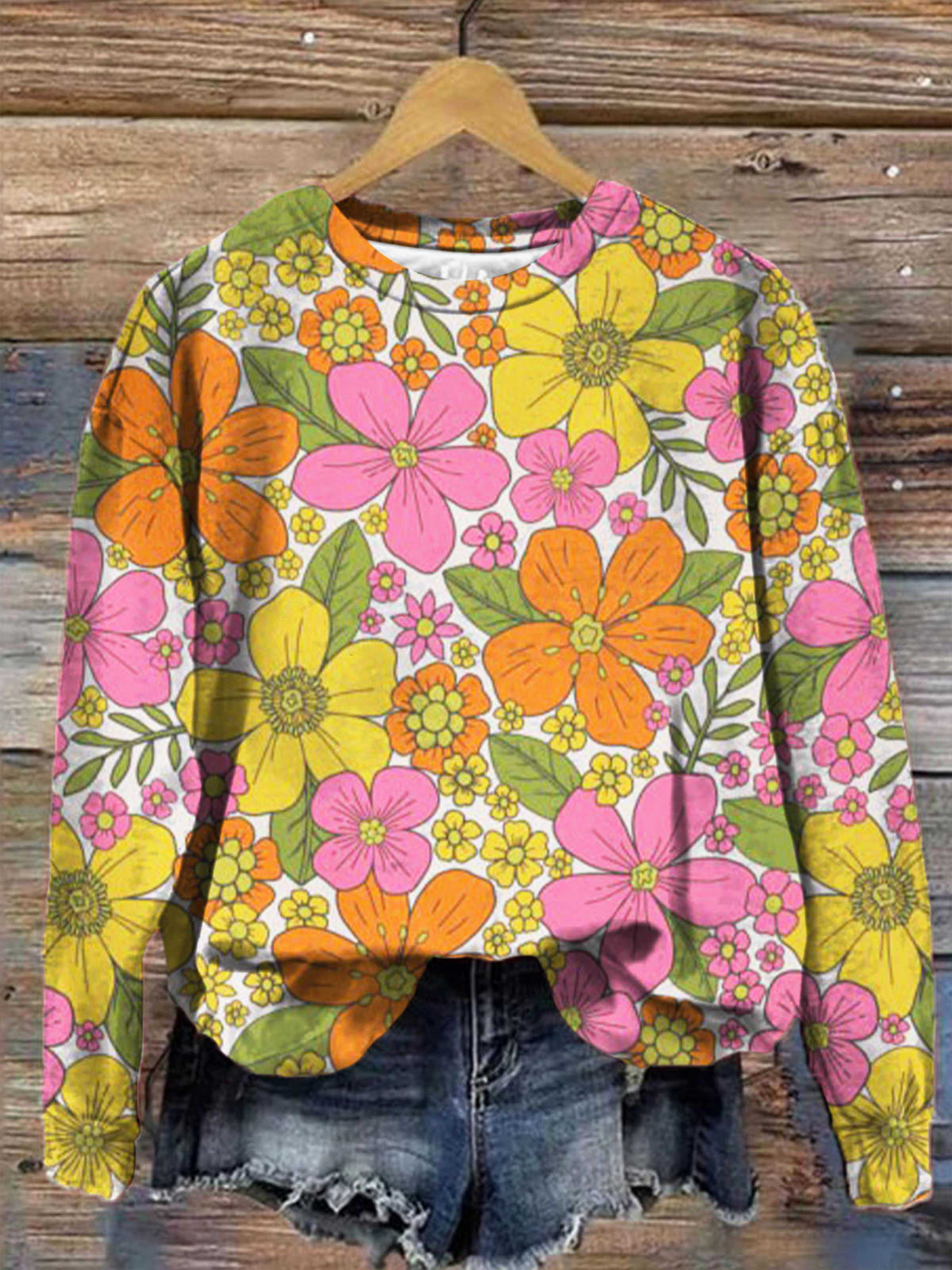 Vintage Nostalgia 1970s Floral Print Crew Neck Top Wonder Closets 