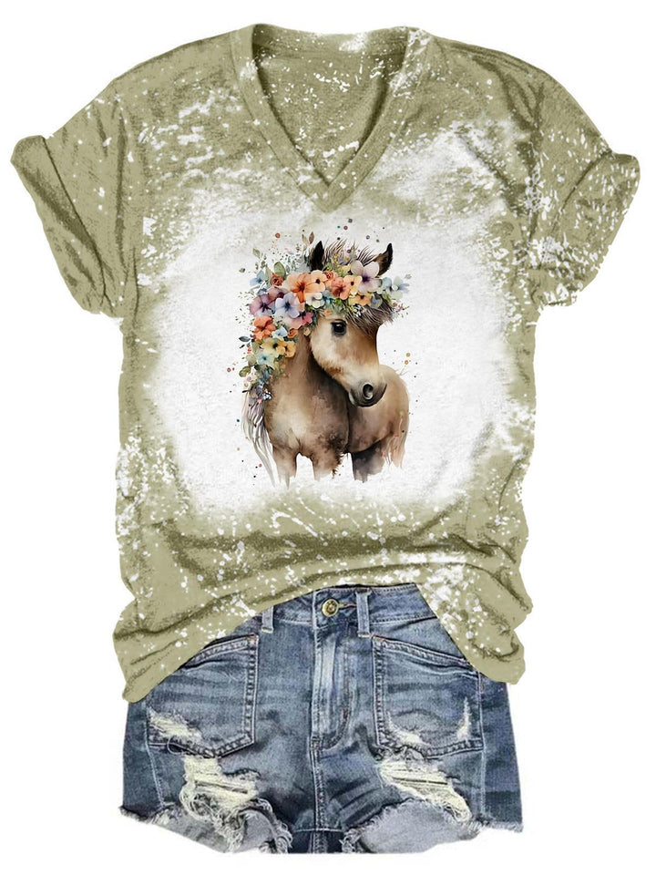 Floral Pony Tie Dye V Neck T-Shirt