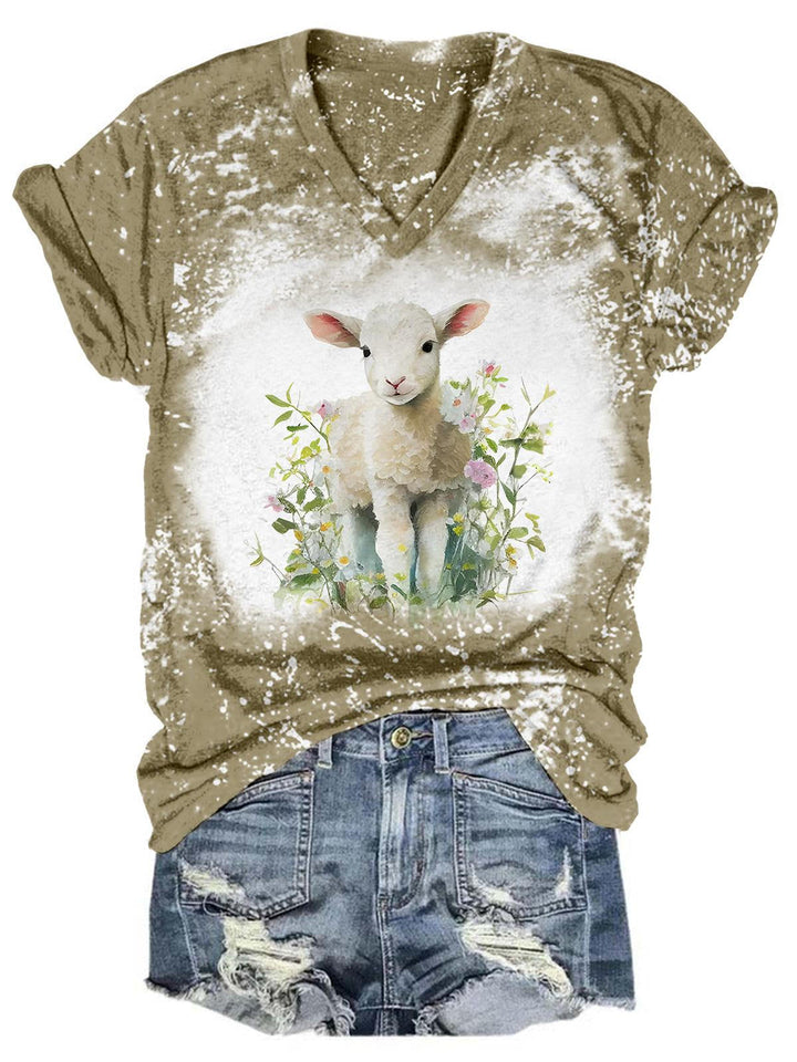 Flower Lamb Tie Dye V Neck T-Shirt