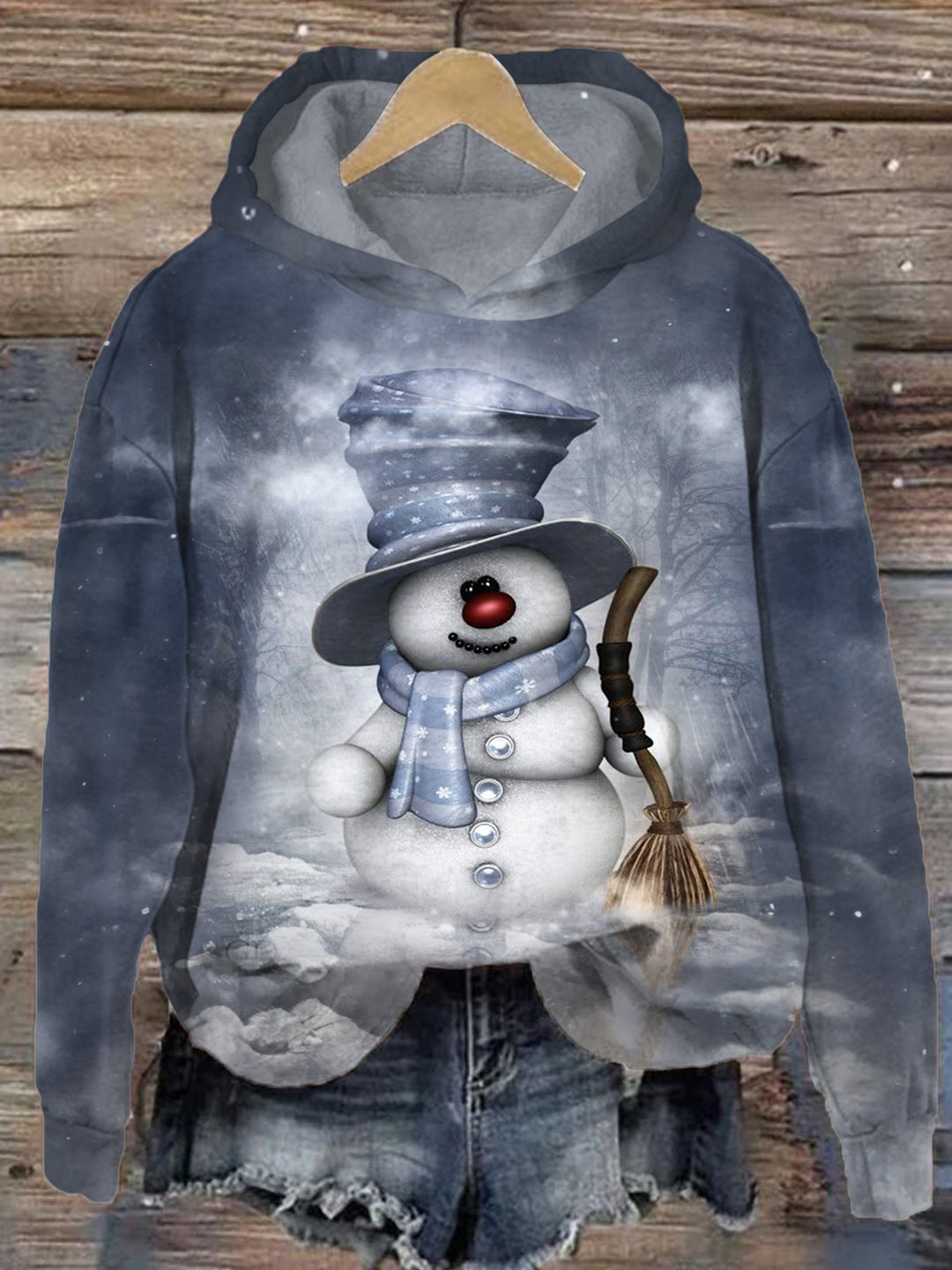 Broom Top Hat Snowman Printed Long Sleeve Hoodie