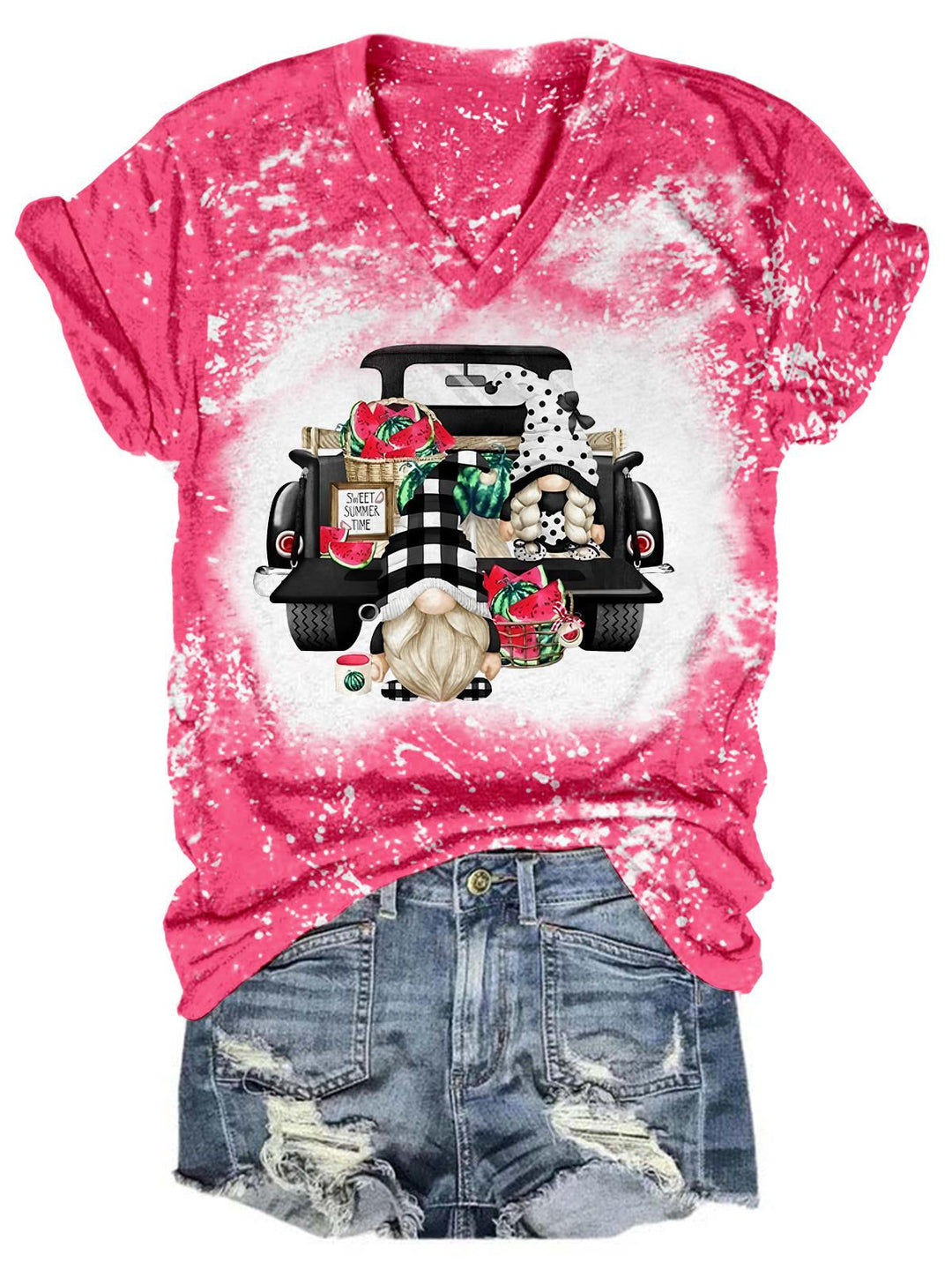 Watermelon Truck Gnome Tie Dye V Neck T-Shirt