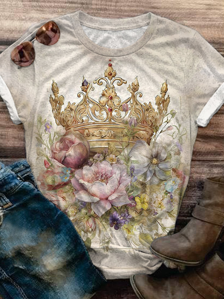 Retro Floral Crown Print Crew Neck T Shirt Wonder Closets