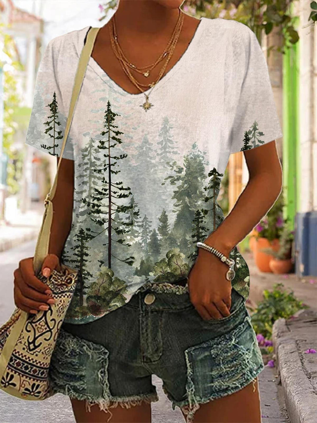 Forest Print V Neck T-Shirt
