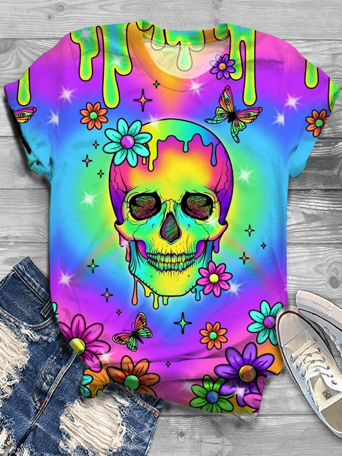 Skull Floral Rainbow Crew Neck T-shirt – Wonder closets