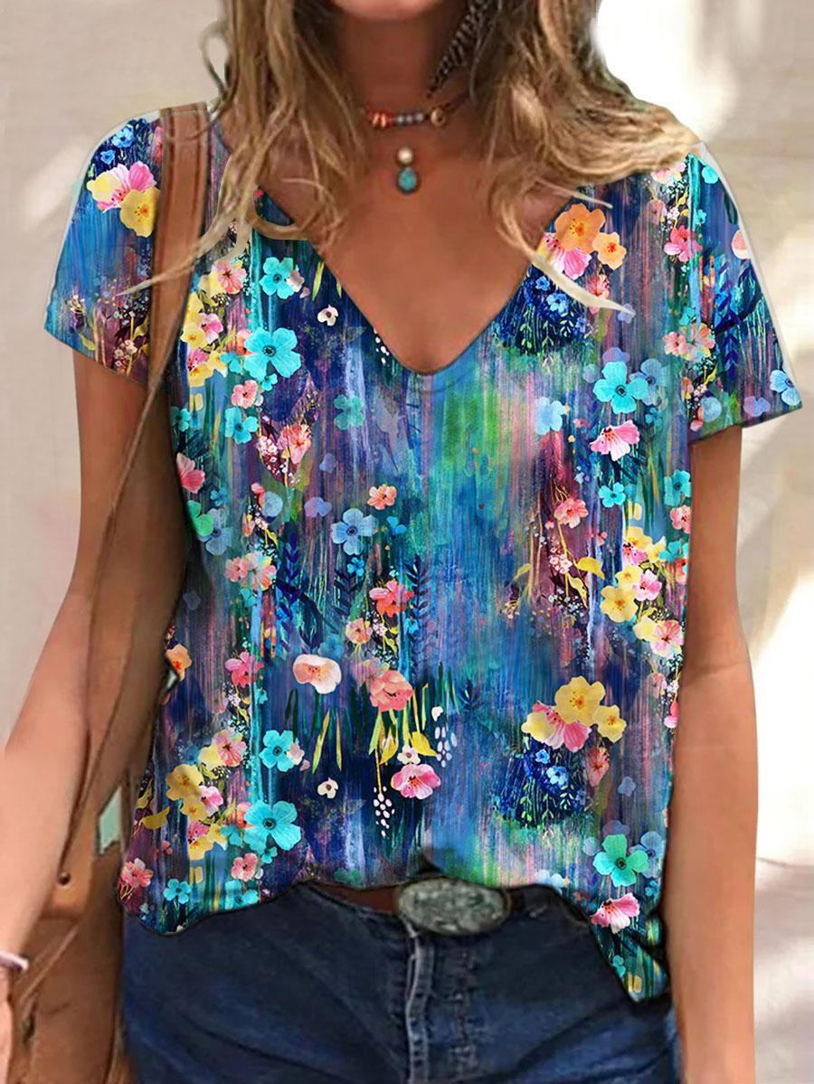 Women's Floral Print V-Neck Short Sleeve T-Shirt – Wonder closets