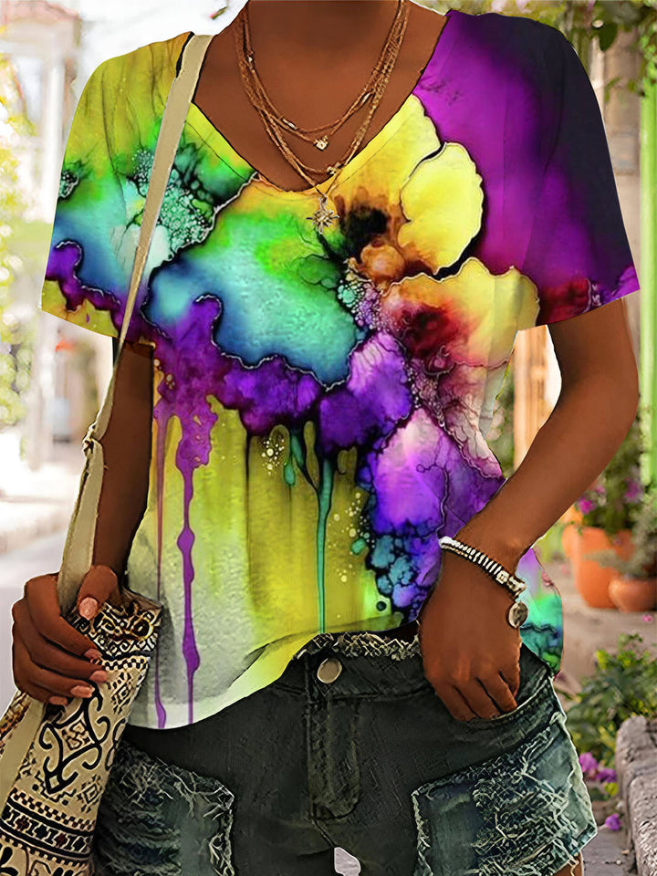 Women's Abstract Floral Print V-Neck T-Shirt