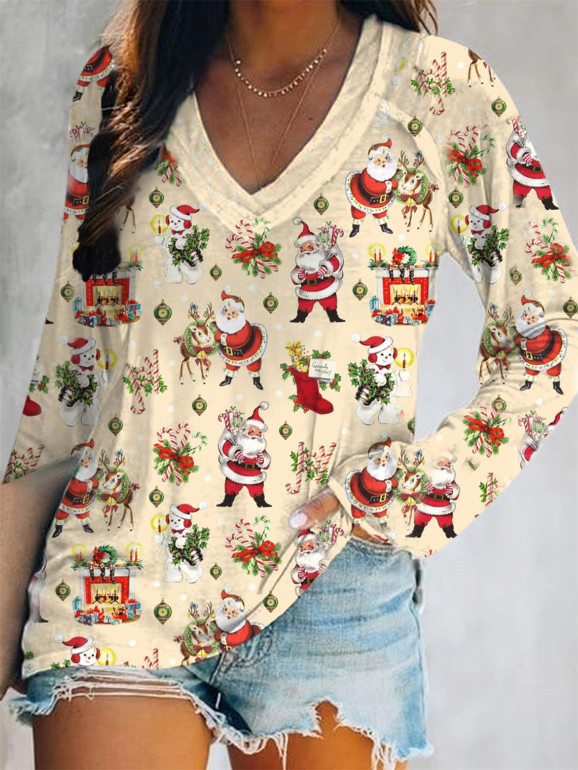 Vintage Christmas Santa Claus Print V-Neck Long Sleeve Top – Wonder closets