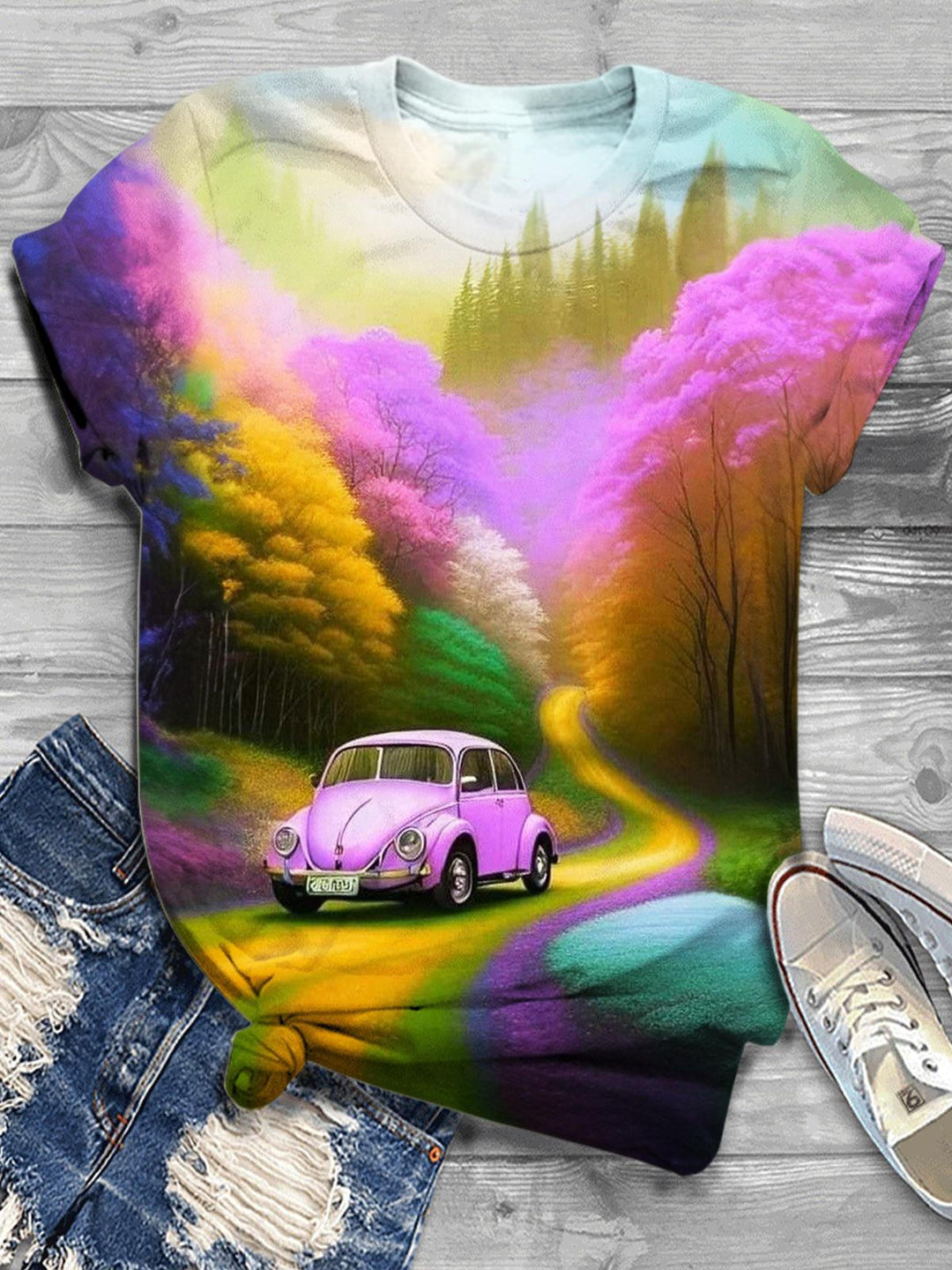 Colorful Forest Truck Print Crew Neck Top