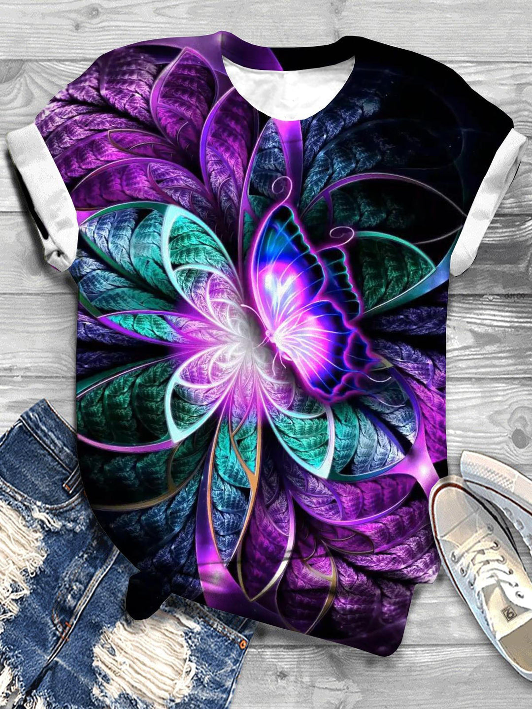 Abstract Floral Butterfly Print Crew Neck T-shirt