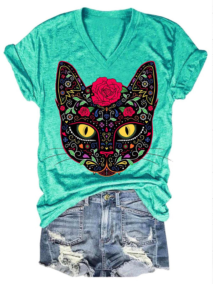 Day Of The Dead Kitty Cat Sugar Skull Print T Shirt Wonder Closets 1398