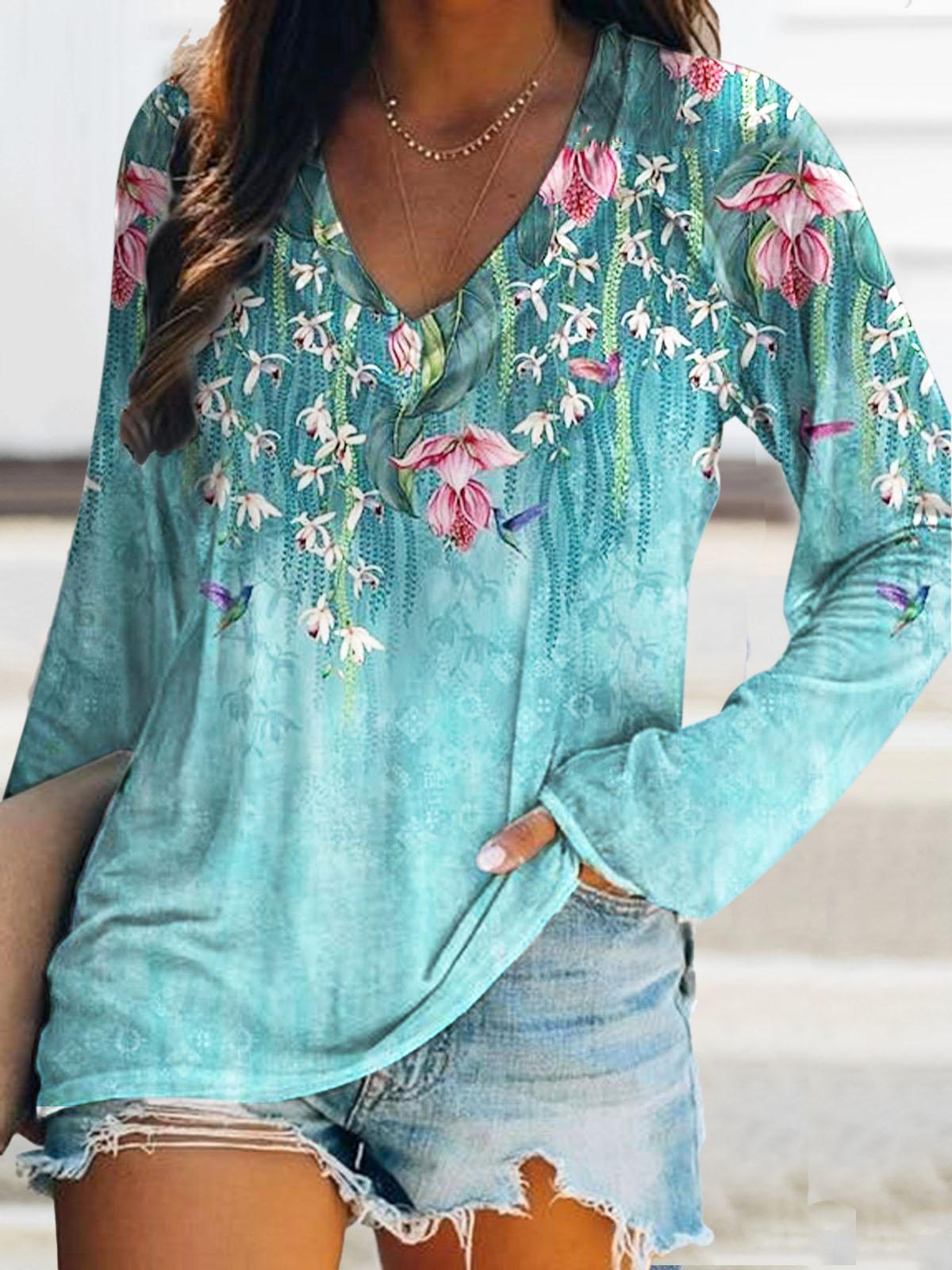 Watercolor Floral Print V-Neck Long Sleeve T-Shirt – Wonder closets